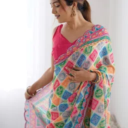 Mitera Bandhani Mirror Work Pure Chiffon Bandhani Saree image 5