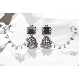 MEIRA JEWELLERY Silver-Plated Artificial Studded & Beaded Oxidised Dome Shaped Jhumkas image 3