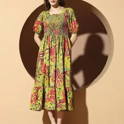 OTABU Women Print Puff Sleeve A-Line Midi Dress-picture-28