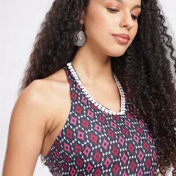 fusion by glitchez Geometric Printed Halter Neck Smocked Fit & Flare Midi Dress image 5