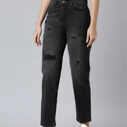 ZHEIA Women Relaxed Fit High-Rise Mildly Distressed Light Fade Stretchable Jeans image 2