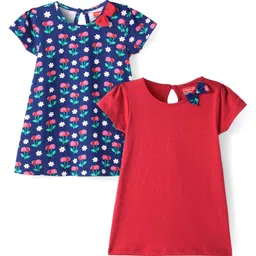 Babyhug Single Jersey Knit Half Sleeves Frocks With Floral Print & Bow Applique Pack Of 2 - Navy & Red-picture-11