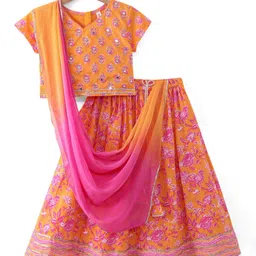Babyhug Woven Half Sleeves Floral Print Choli Lehenga & Dupatta Set With Sequin Embroidery & Lace Detailing - Orange image 1