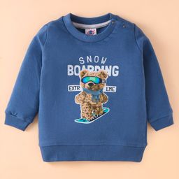 Zero Cotton Knit Full Sleeves Text & Bear Printed T-Shirt - Blue-picture-4