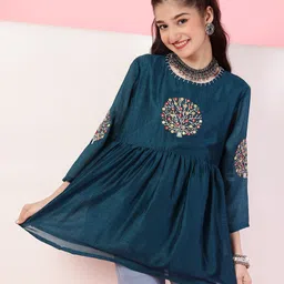 ISHTI Three Fourth Sleeves Floral Embroidered Top - Dark Blue-picture-30