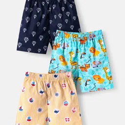 Babyhug Cotton Poplin Woven Boxers with Nautical & AnimalsPrint Pack of 3 - Blue & Peach-image-10