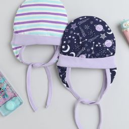 BUMZEE Interlock Knit Striped & Star Printed Caps Pack of 2 Purple & Navy Blue - Diameter 13 cm-picture-42
