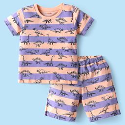 kookie kids india Kookie Kids Single Jersey Knit Half Sleeves Shorts Co-Ord Night Suit With Dino Print - Purple & Beige-picture-48