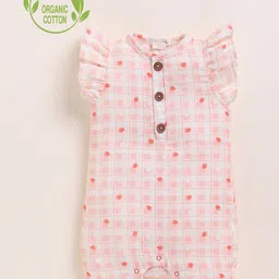 Cot & Candy Organic Muslin Cotton Knit Frill Sleeves Checked & Floral Printed Romper - Strawberry-picture-19