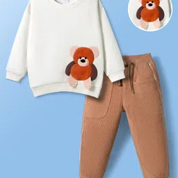Mark & Mia Fleece Knit Full Sleeves Winter Wear Sweatshirt & Joggers Set with Bear Applique - White & Brown-picture-16