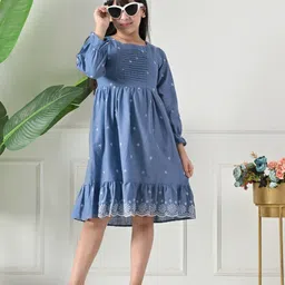 Bella Moda Cotton Woven Three Fourth Peasant Sleeves Floral Embroidered Dress - Aqua Blue-image-61