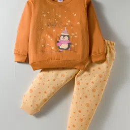 Tango Looper Knit Full Sleeves Winter Wear T-Shirt & Lounge Pant Set with Penguin Print - Mustard-image-37