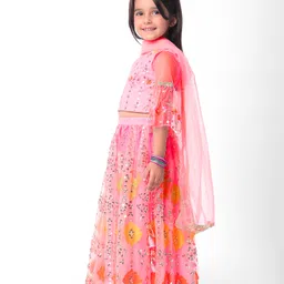 Babyhug Half Sleeves Embroidered Choli with Embroidered Lehenga and Dupatta Set- Peach image 2