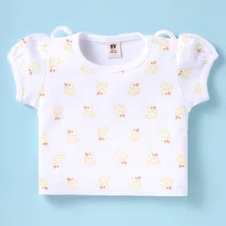 ToffyHouse Interlock Knit Dungaree with Half Sleeves T-Shirt with Floral Bunny Print & Embroidery - Blue & White image 2