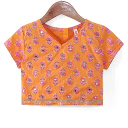 Babyhug Woven Half Sleeves Floral Print Choli Lehenga & Dupatta Set With Sequin Embroidery & Lace Detailing - Orange image 2