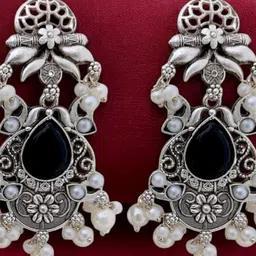 TISHUL JEWELS Silver-Plated Artificial Stones Studded & Beaded Oxidised Drop Earrings image 2