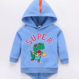 Kookie Kids Full Sleeves Front Open Hooded Sweatshirt With Dino Embroidery & Applique - Blue image 3