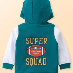 Babyhug Cotton Knit Full Sleeves Hooded Front Zipper T-Shirt & Lounge Pants Set With Kangaroo Pocket & Front & Back Varsity Print - Teal Blue image 3