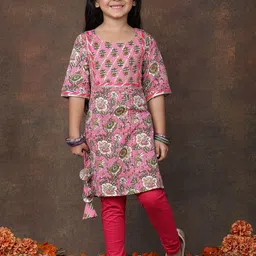Sangria Girls Floral Print Pure Cotton Straight Kurta & Leggings-picture-22