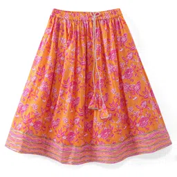 Babyhug Woven Half Sleeves Floral Print Choli Lehenga & Dupatta Set With Sequin Embroidery & Lace Detailing - Orange image 4