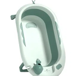 Babyhug Foldable Baby Bath Tub with Drain Plug | Compact Fold and Travel Friendly| Non-slip Base| Smooth Rounded Edges| Shampoo Rinse Cup - Light Green image 4