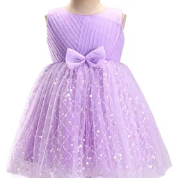 Babyhug Woven Sleeveless Sequinned Party Frock with Bow - Lavender image 5