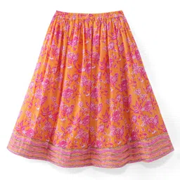 Babyhug Woven Half Sleeves Floral Print Choli Lehenga & Dupatta Set With Sequin Embroidery & Lace Detailing - Orange image 5