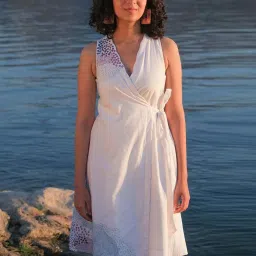 Okhai Bubble White Pure Cotton Hand Embroidered A-Line Wrap Dress image 1