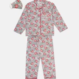 TINY HUG Girls Grey Floral Print Night Suit-image-98
