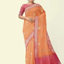 Banarasi Silk Works Peach Cotton Woven Saree With Unstitched Blouse image 1