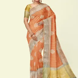 Banarasi Silk Works Peach Woven Saree With Unstitched Blouse image 1