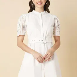 Allen Solly White Cotton Self Pattern A-Line Dress image 1