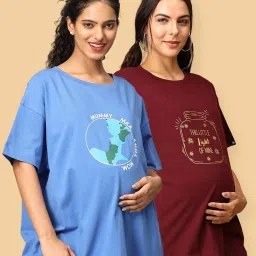 The Mom Store Maroon & Blue Cotton Printed T-Shirt Pack Of - 2 image 1