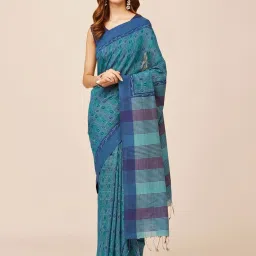 Fabindia Blue Printed Saree Without Blouse image 1
