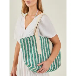 Accessorize London Womens Green Stripe Woven Tote Bag image 1