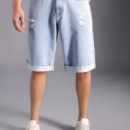 High Star Blue Cotton Regular Fit Distressed Denim Shorts image 1