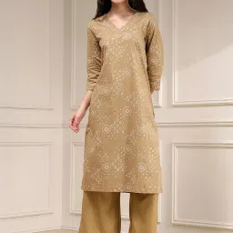 Biba Beige Cotton Straight Fit Printed Kurta image 1