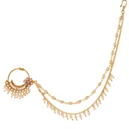 Saraf Rs Jewellery Gold Toned White Pearl Beaded Designer Nath Nose Ring With Chain image 1