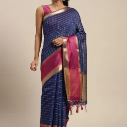 Mimosa Blue Silk Chequered Saree With Unstitched Blouse-image-35
