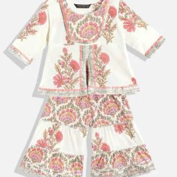 READIPRINT FASHIONS Kids Cream Floral Print Kurta With Sharara-picture-36