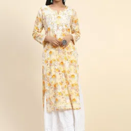 House of Kari Light Yellow Noor Printed Emb Kurta in Mul image 1