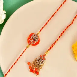 Aapno Rajasthan Orange Handcrafted Traditional Casual Rakhi with Roli Chawal & Greetings Card-image-37