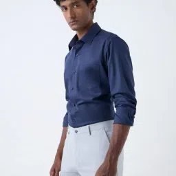 WES Formals by Westside Blue Solid Slim-Fit Cotton Shirt-image-38