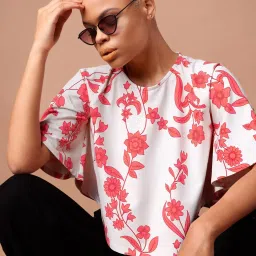 PURVAJA Red & White Floral Print Crop Top image 1