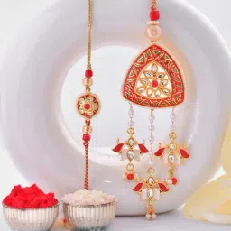 Aapno Rajasthan Red Kundan and Meena work Bhaiya Bhabhi Casual Rakhi with Roli Chawal & Greetings Card-picture-32