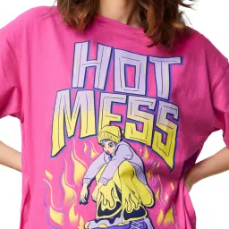 The Souled Store Pink Hot Mess Printed Oversized T-Shirt image 5