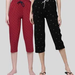 Kryptic Maroon & Black Elasticated Waist Band Relaxed Fit Printed Cotton Capris - Pack of 2 image 1