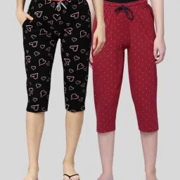 Kryptic Black & Maroon Elasticated Waist Band Relaxed Fit Printed Cotton Capris - Pack of 2 image 1