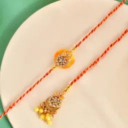 Aapno Rajasthan Gold Golden Yellow Bhaiya Bhabhi Casual Rakhi with Roli Chawal & Greetings Card-picture-17