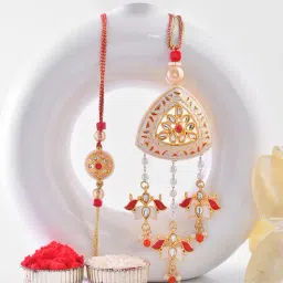 Aapno Rajasthan White Ivory and Red Dangler Bhaiya Bhabhi Casual Rakhi with Roli Chawal & Greetings Card-picture-22